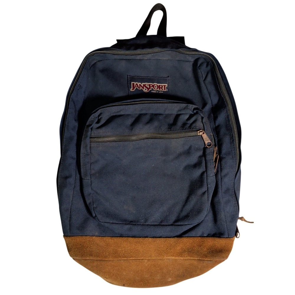 Vintage Jansport Backpack Suede Leather Bottom Retro 90's Book Bag Blue School